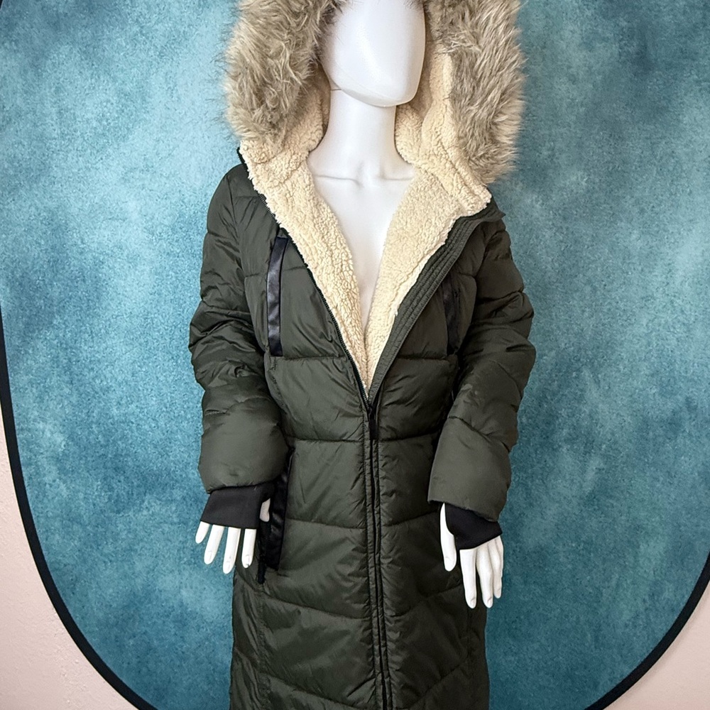 French Connection Green and Cream Puffer Coat with Faux Fur Hood